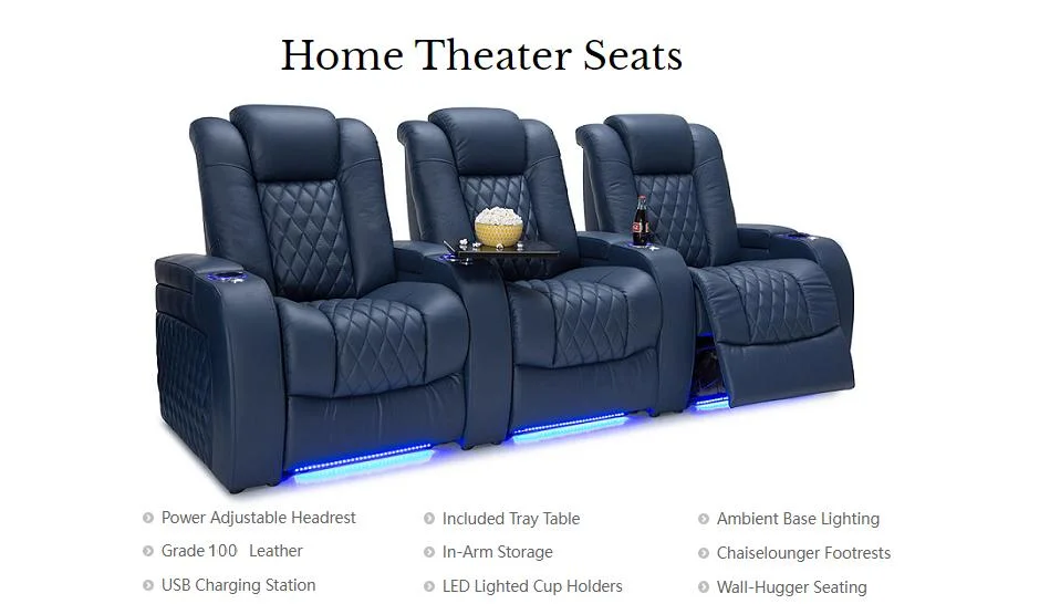 Real Leather Cinema Seats, Power Recliner Sofa, Luxury Home Theater Chair with Cup Holder and Table
