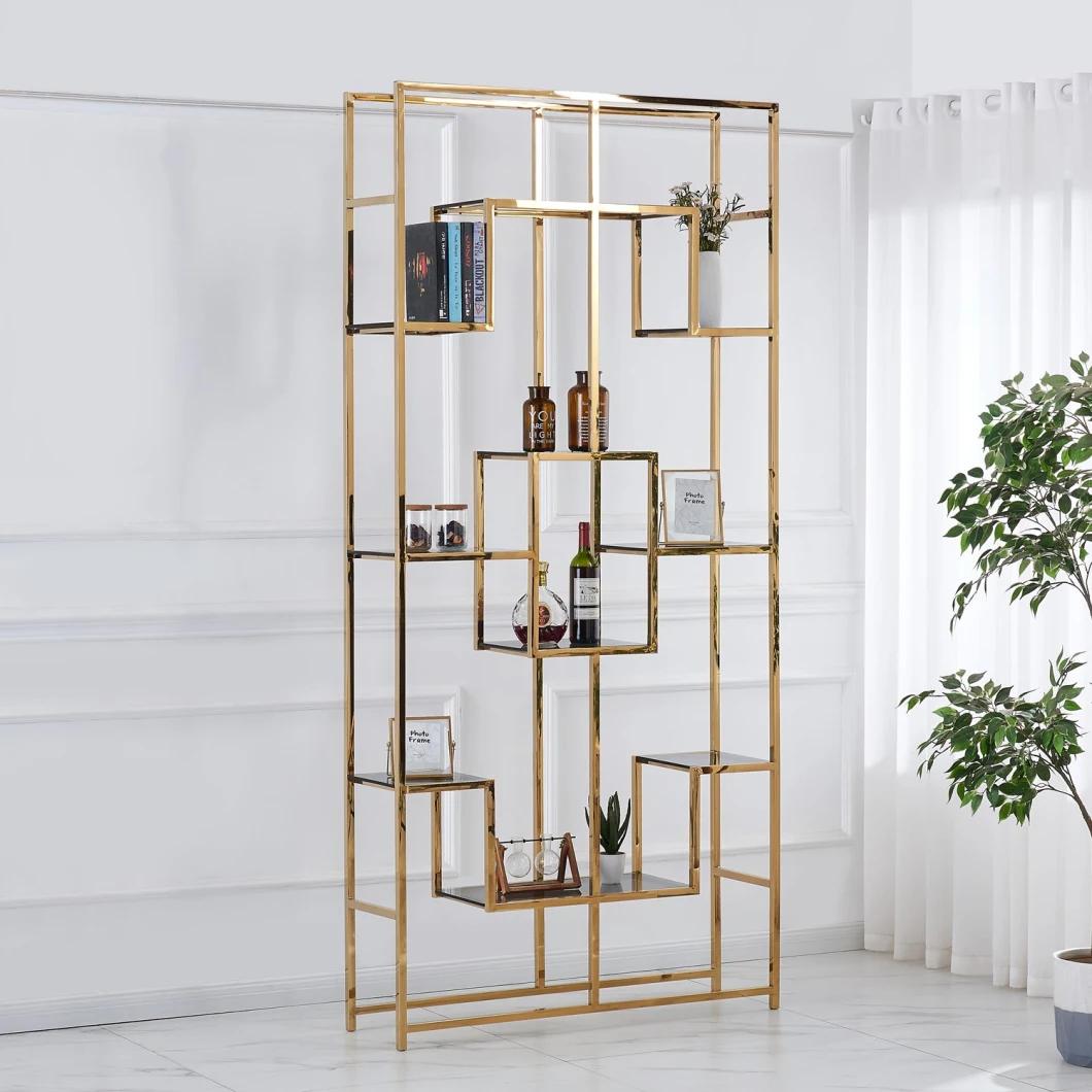 Hot Selling Metal Gold Stainless Steel Frame Glass Book Shelf