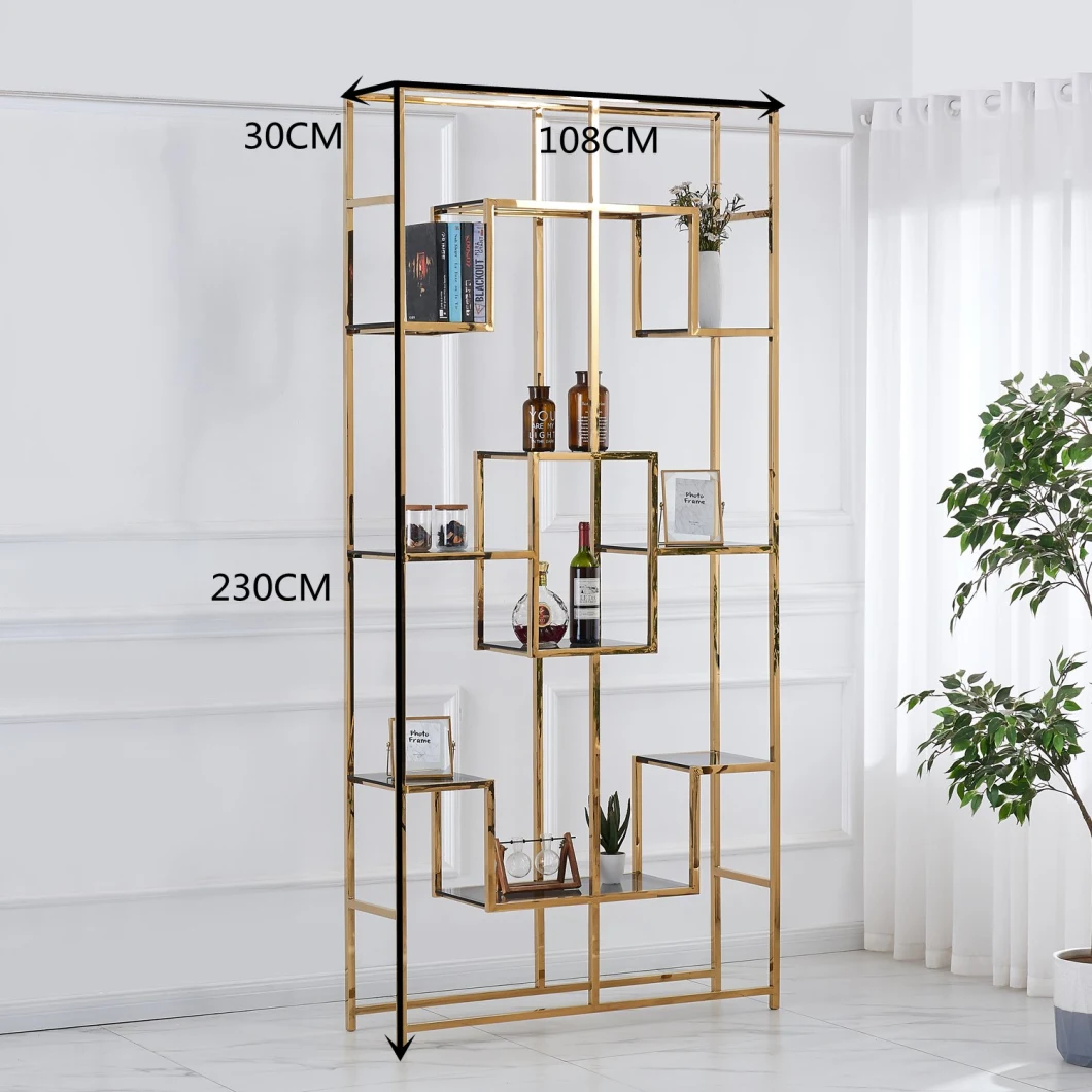 Hot Selling Metal Gold Stainless Steel Frame Glass Book Shelf